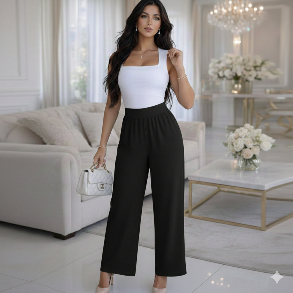 Kit 2 Calca Feminina Pantalona Duna Cintura Alta Não Amassa Soltinha Social Elegante Com Bolso
