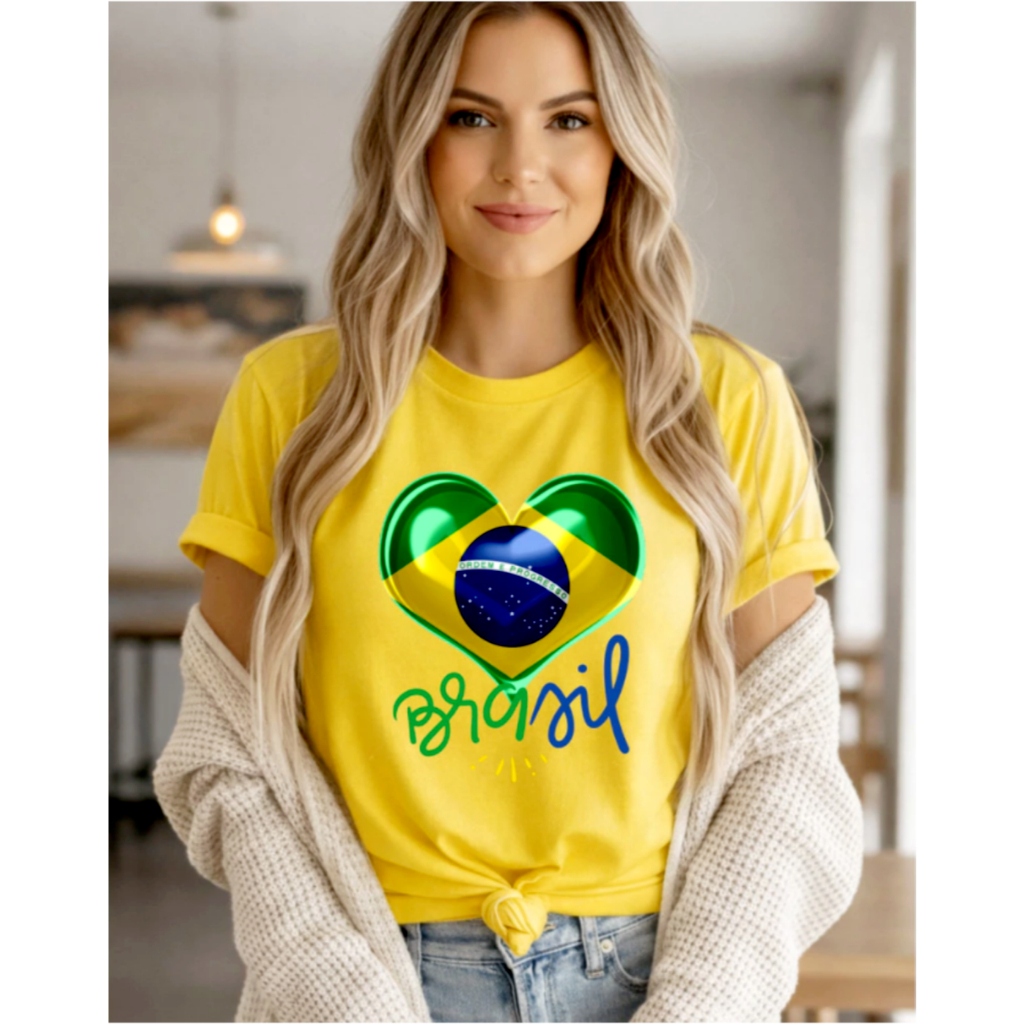 CAMISETA COPA DO MUNDO FEMININA CORAÇÃO BRASIL ADULTO 100% ALGODÃO PREMIUM