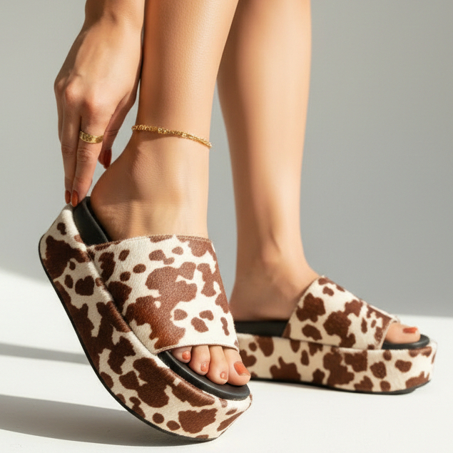 Sandália Plataforma Feminina Cow Print Animal Print Slide Alta Confortável Moda Verão Casual Fashion
