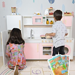 Cozinha Infantil Geladeira Máquina Lavar Madeira Brinquedo Faz de Conta Pedagógico Livro Educativo