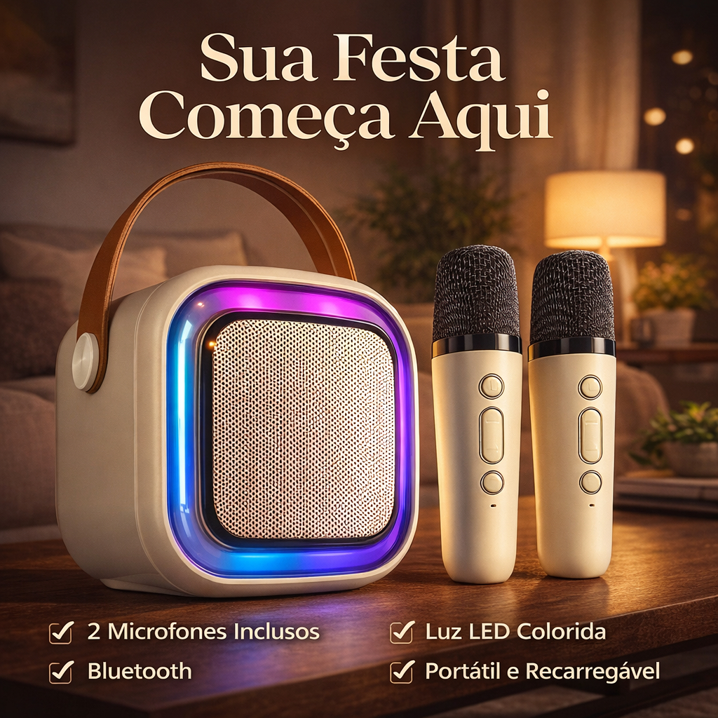 Caixinha de Som Karaokê com 2 Microfone Bluetooth Infantil