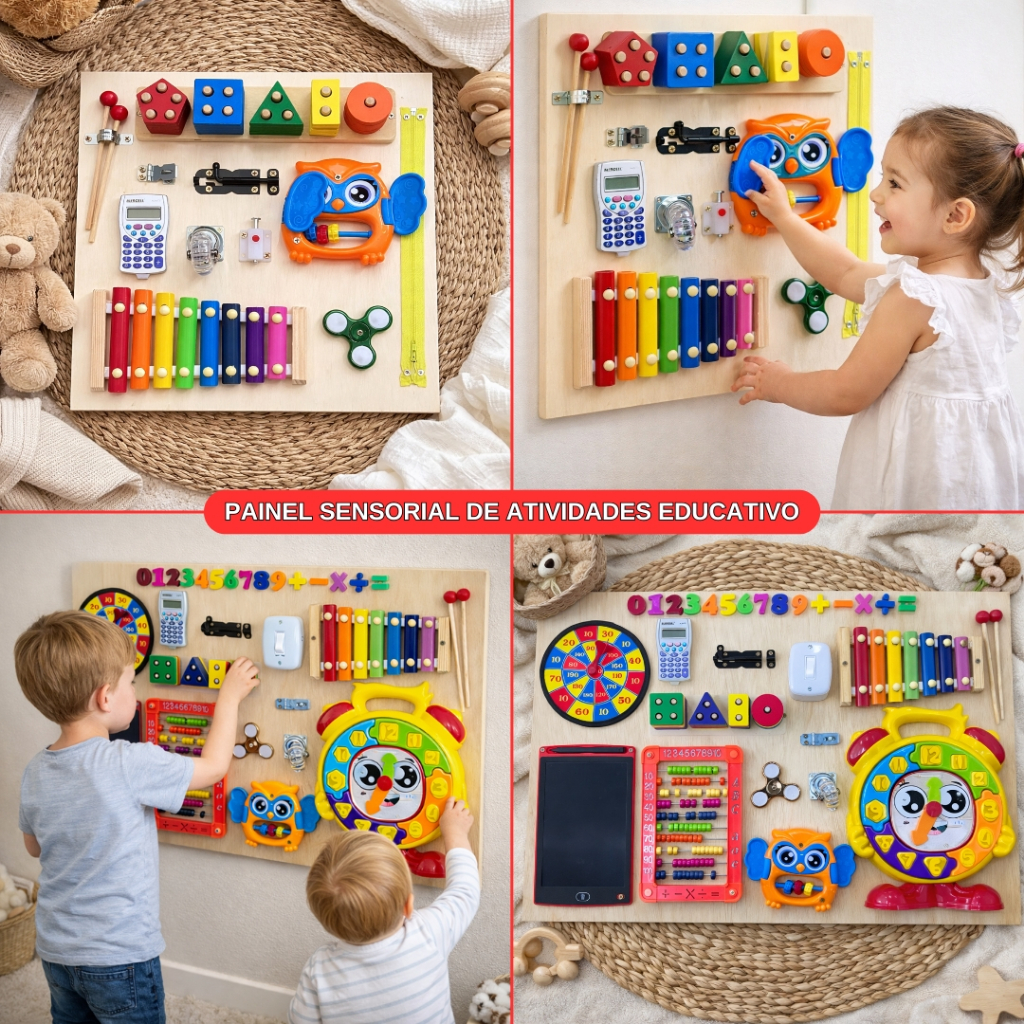 Painel Sensorial Montessoriano Educativo Placa de Atividades 80x80 e 40x40