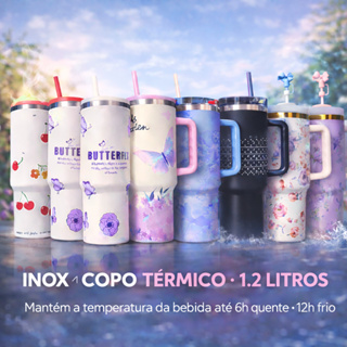 Copo Térmico com Canudo 1.2L Inox 1200mL Garrafa Térmica com Protetor Florido Personalizado Floral em Oferta na Shopee