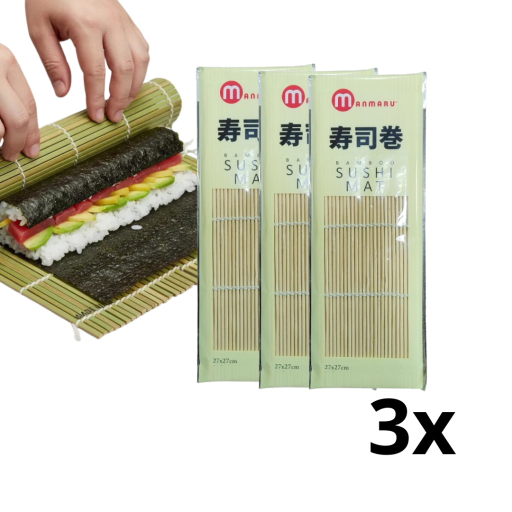 Kit Com 3 Esteira Sushi Sudare Profissional Bambu 27cm x 27cm Tapete Para Enrolar Sushi e Hot Roll