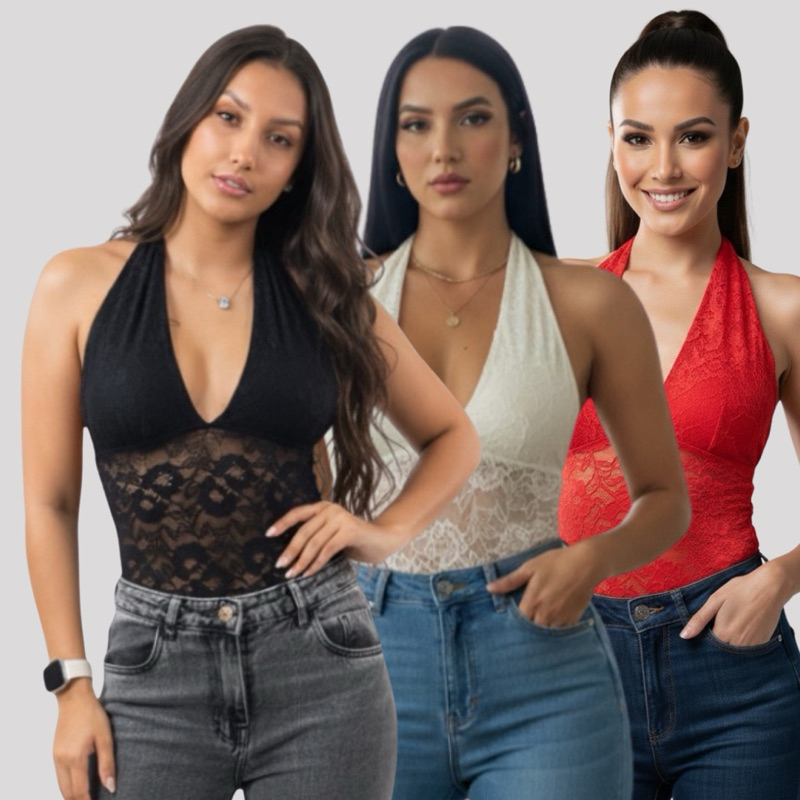 Blusa Cropped De Renda Feminina Frente Única Amarração no Pescoço