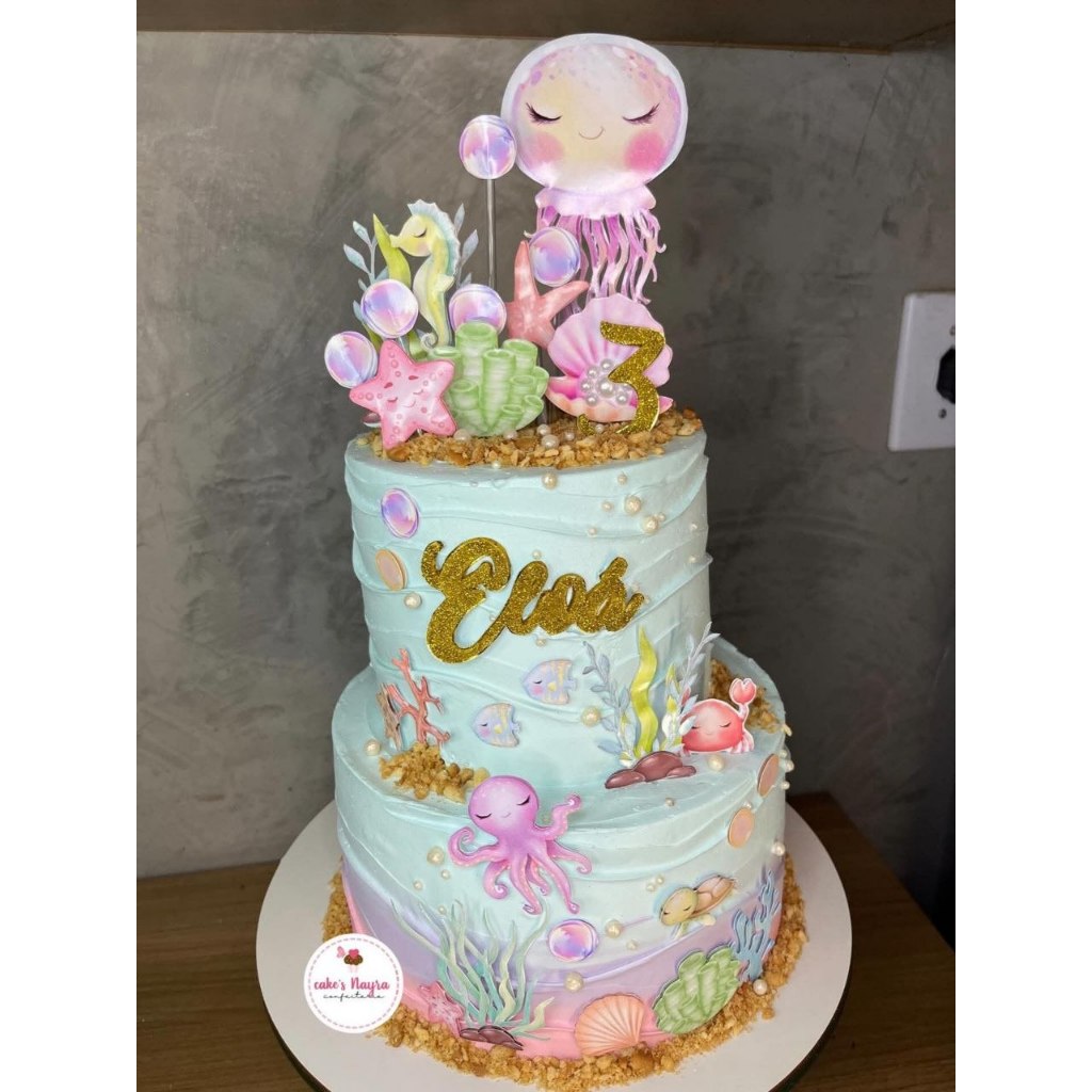 Topo de Bolo Fundo do Mar 3D Personalizado com Nome-em papel fotografico glossy 180g e Glitter Paper 180g-Aniversário