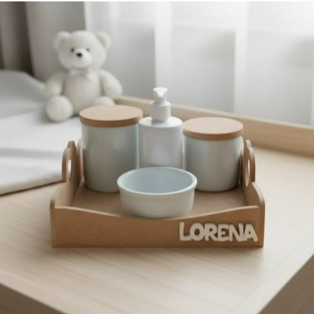 Kit Higiene Bebê Porcelana nome personalizado bandeja quadrada alça sem pintura Tampa Madeira potes