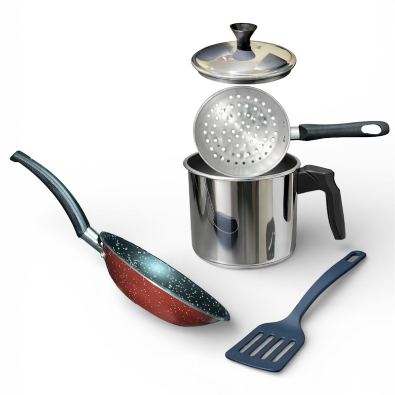 Kit café da manhã Casal Cuscuzeira multiuso + Frigideira antiaderente em teflon + Espatula em Nylon