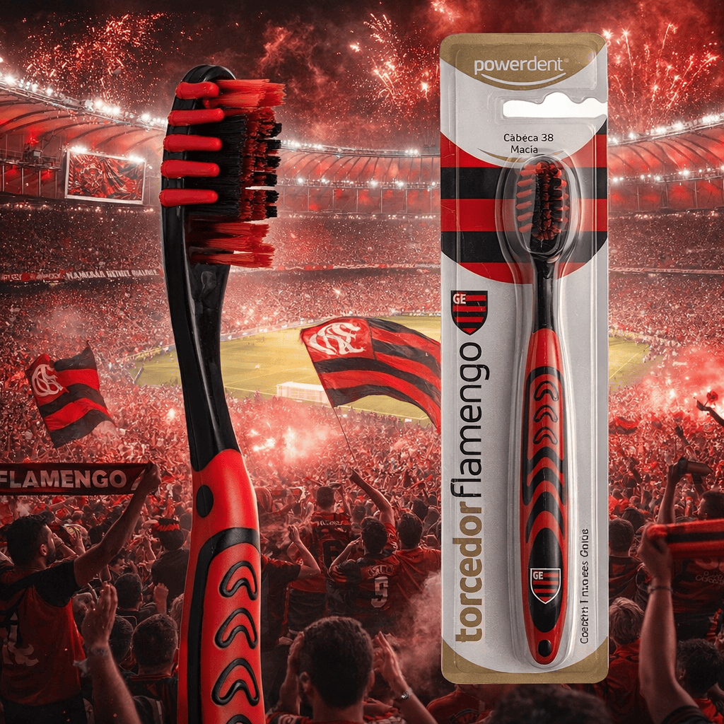 Escova Dental Torcedor Flamengo Cerdas Macias Powerdent em Oferta na Shopee