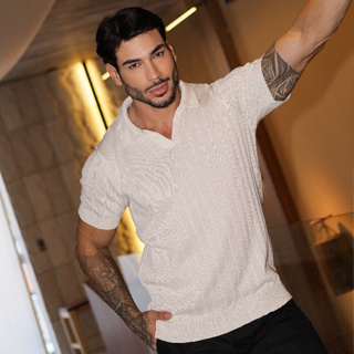 Camisa de tricot gola polo primavera verão masculina alta qualidade em Oferta na Shopee