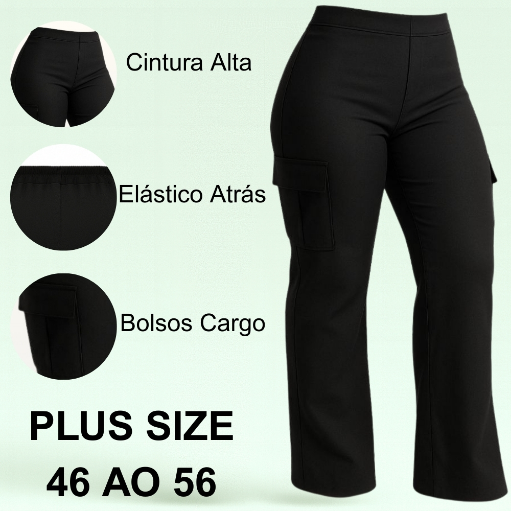 Calça Plus Size Pantalona Alfaiataria Wide Leg Feminina C/ Bolso Cargo Reforçada  G1 G2 G3