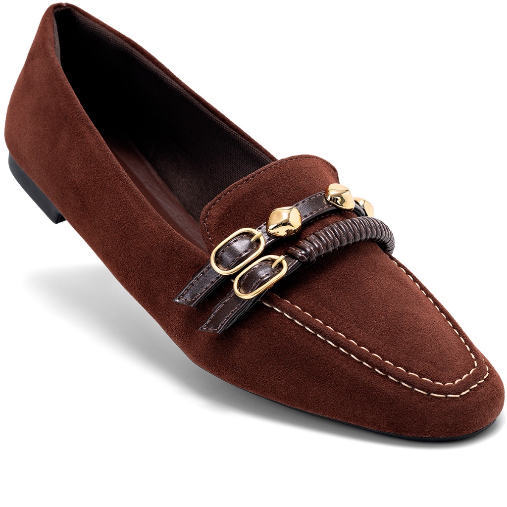Mocassim Feminino Lumiss Camurça Bico Redondo Tiras Enfeite Metalizado Confortável em Oferta na Shopee