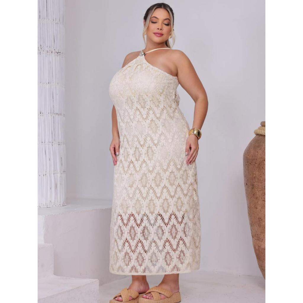 Vestido Luxo Plus Size Alcinha Pescoço Renda Luxo Verão