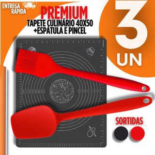 Kit 3 Peças - Tapete Culinário 40x50 + Utensílios de Silicone Pincel Culinário + Espátula Pão Duro
