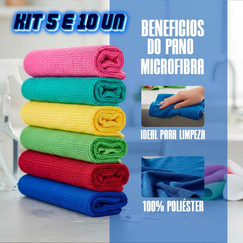 Pano de Microfibra Limpeza Premium 100% Poliéster Kit 5 e 10 Unid Multiuso Alta Absorção Não Risca
