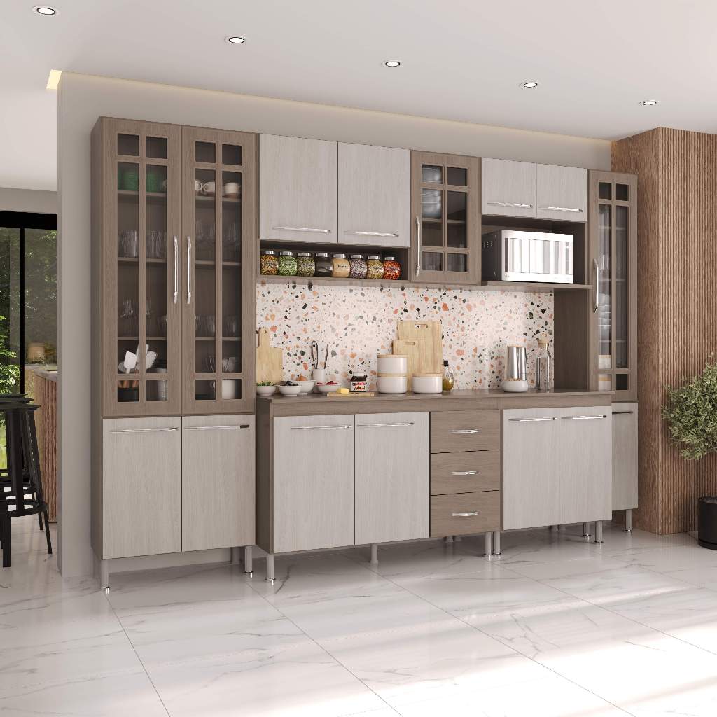 Armário de Cozinha Modulada Completa Fidelitá Paris 6 Peças 295cm 15 Portas 3 Gavetas Com Tampo Nogal/Salinas em Oferta na Shopee