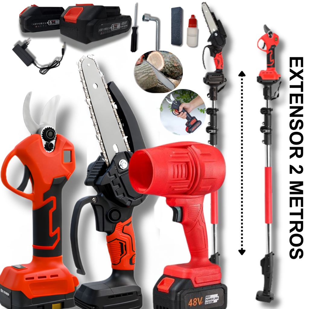 Kit Motosserra Sem Fio Tesoura Elétrica De Poda Soprador de Folhas Turbo Extensor 2 Metros 2 Bateria