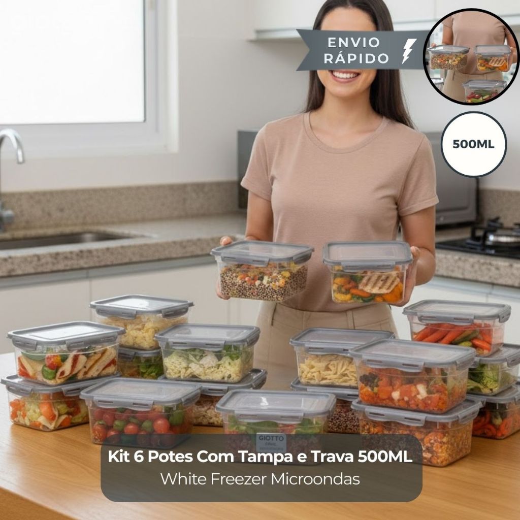 Imagem Kit 6 Potes Com Tampa e Trava 500ML Cinza alimentos freezer Micro-ondas fitness cozinha casa