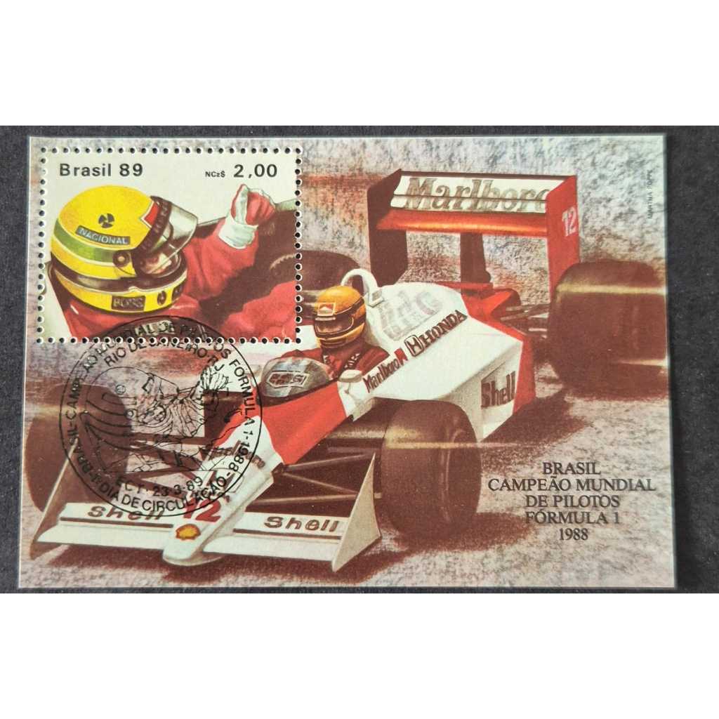 Bloco de selos dos correios B79 - Ayrton Senna. Com carimbo de 1º dia de circulação.