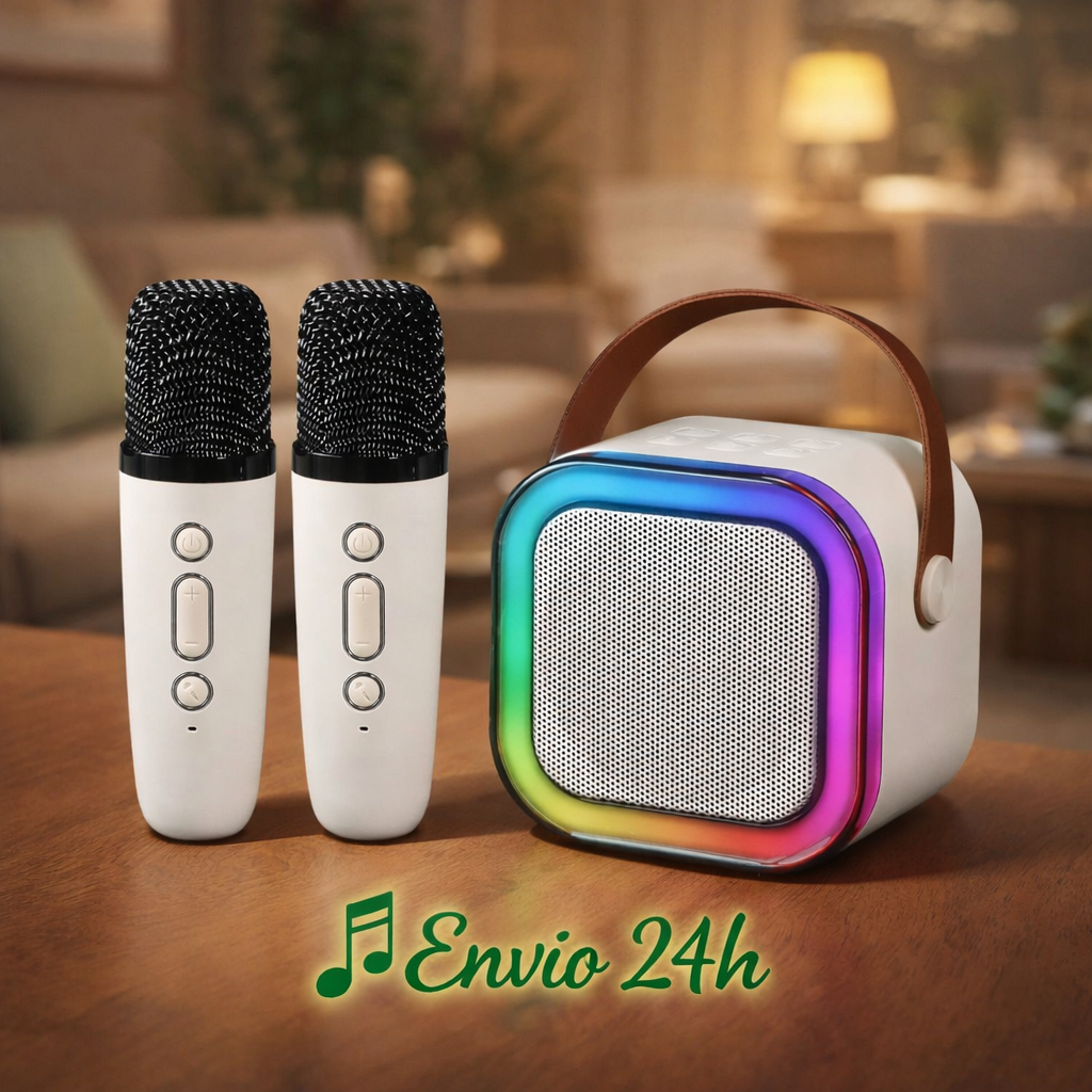 Mini Caixinha Som Karaokê Divertido 2 Microfone Sem fio Bluetooth portátil Infantil -  Branco