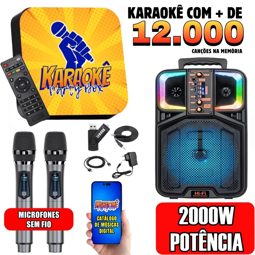 Karaoke Party Box Profissional +12000 Mil Músicas +2 Microfones Sem Fio +Caixa De Som Potente 2000w em Oferta na Shopee