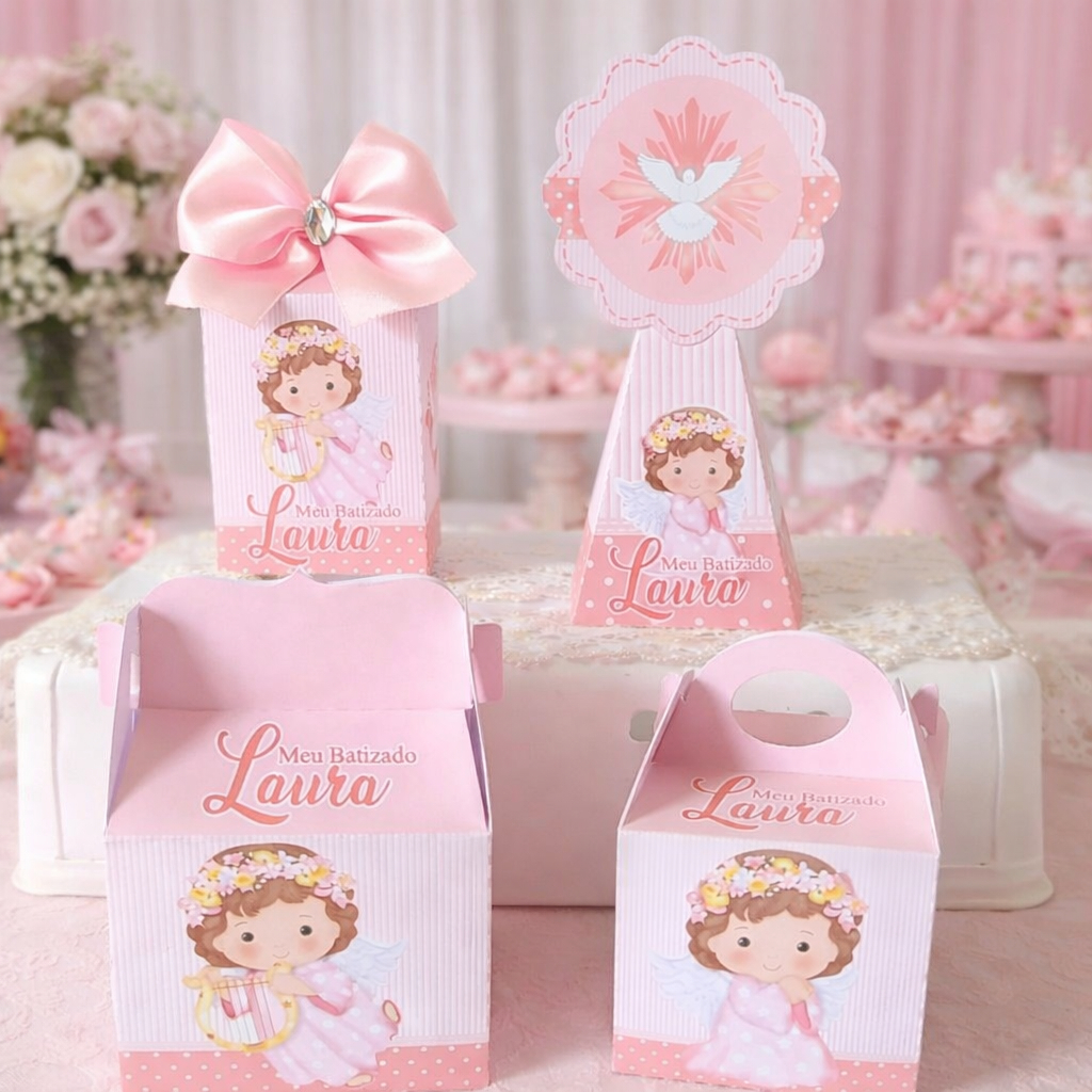 Lembrancinhas Batizado rosa pegue e monte/personalizados/kit festa /caixinhas para a aniversário