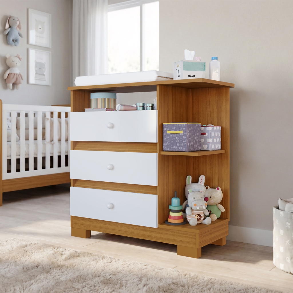 Cômoda Infantil 3 Gavetas com Nichos e trocador Organizador Quarto Bebê Multiuso com Puxadores em Oferta na Shopee