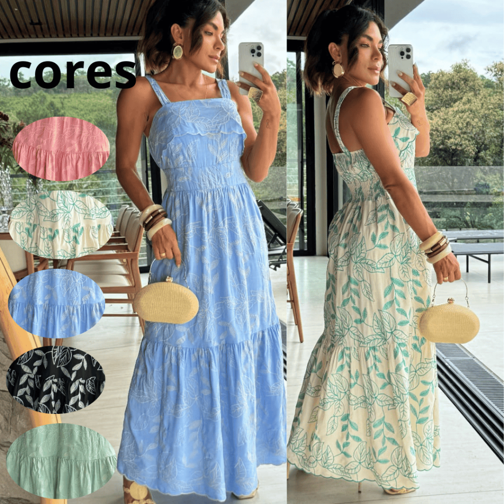 Vestido Bordado Midi Com Bojo E Forro Alça Grossa Casual Elegante Verão Varias Cores