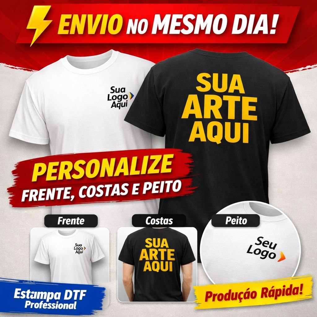 Camiseta Personalizada Premium com Sua Logo ou Arte na Frente,Costas e Peito DTF Alta Qualidade Camisa 100% Algodão