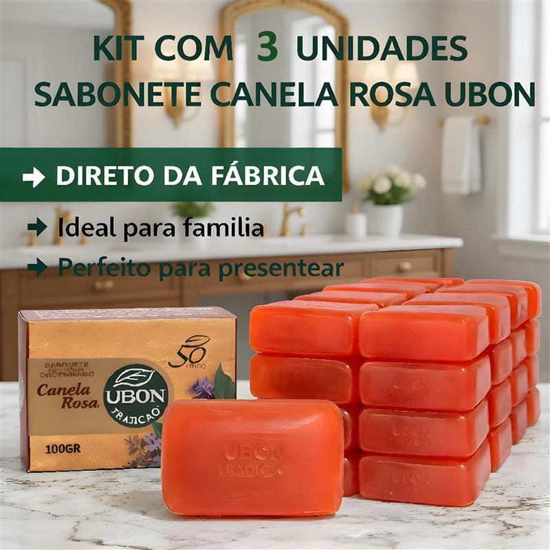 3 Sabonetes Natural Glicerina Canela Rosa em Barra 100g Ubon pele Macia e Hidratada - Ubon