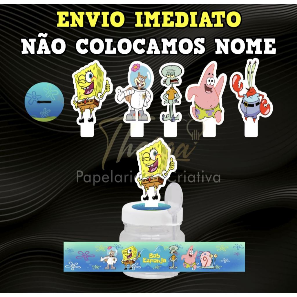 Rótulo Adesivo + adesivo tampa + aplique para potinho 40gr. (mini nutella) - Bob Esponja