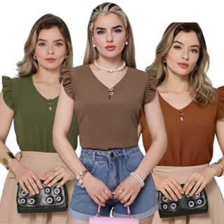 Blusa Feminina Tecido Duna Leve Elegante Verão Com Manga Princesa e Botões Dourados Forrados em Oferta na Shopee