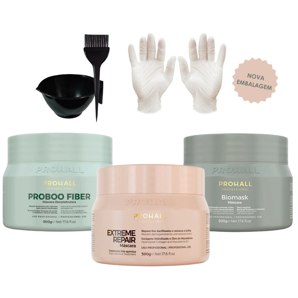 Kit Prohall Máscaras Biomask Extreme Repair Proboo Fiber 500g +Luva/Cumbuca/Pincel