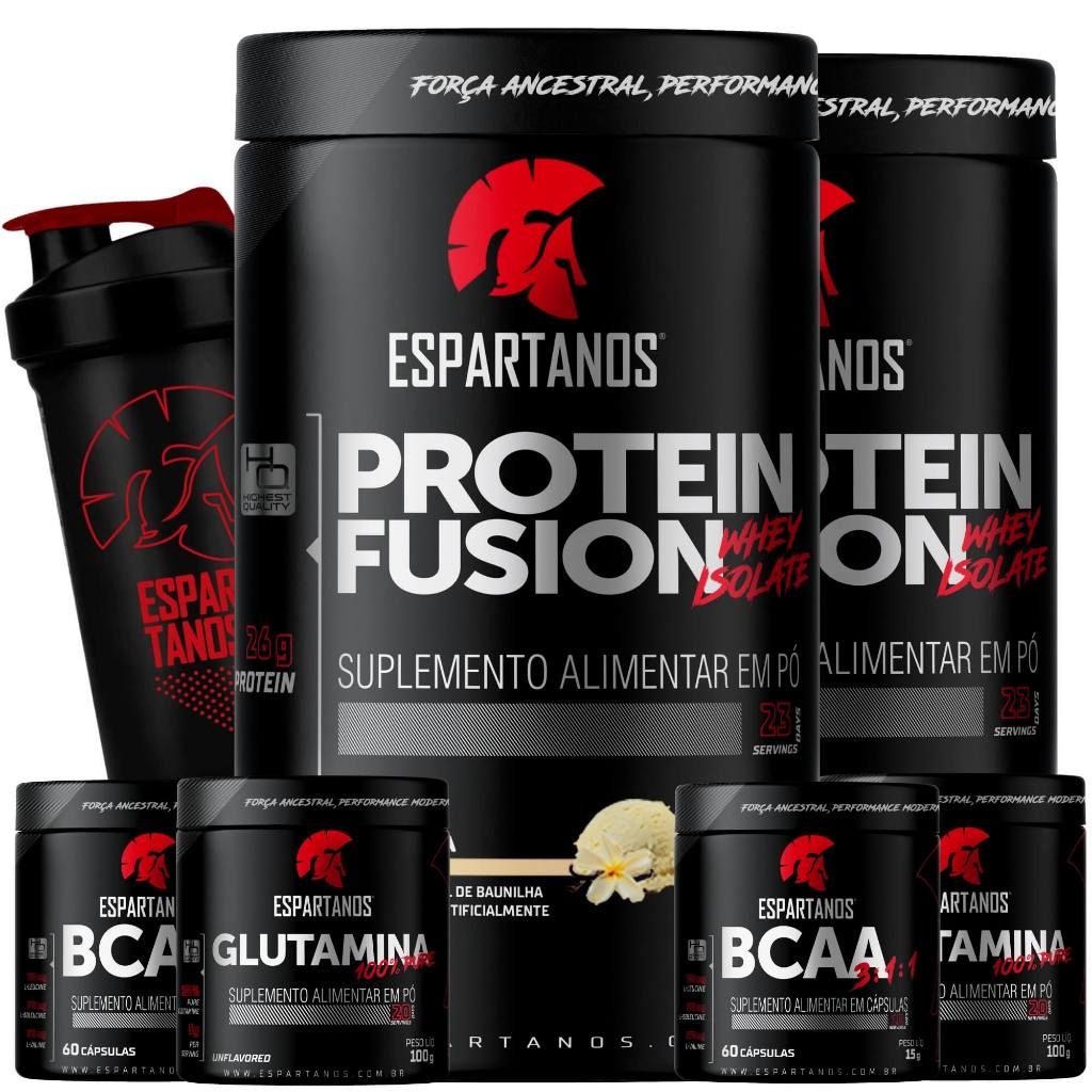 Kit 2x Whey Fusion + 2x Bcaa + 2x Glutamina + Shaker - Espartanos em Oferta na Shopee