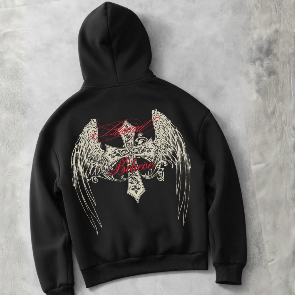 Moletom Unissex Estampa Cruz Asas Believe Y2K Grunge Casaco Oversized Street Style