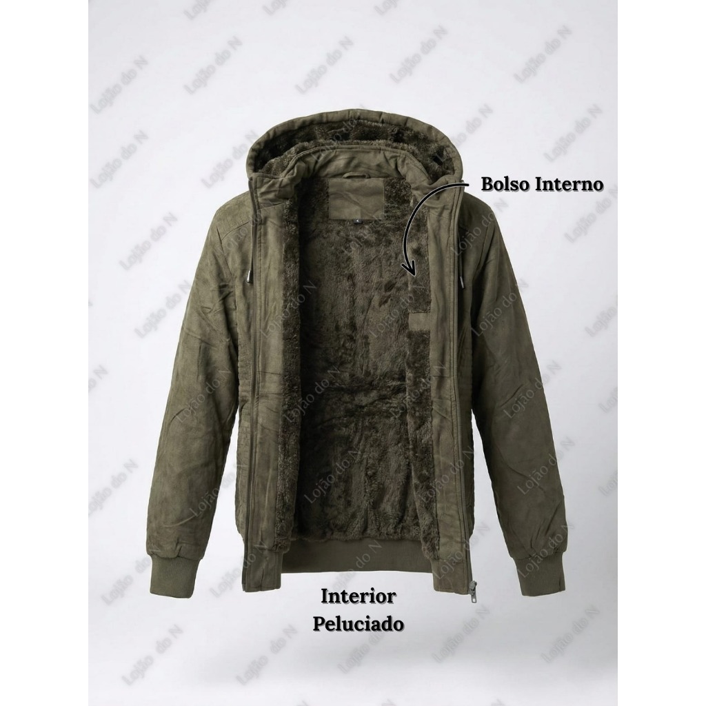 Jaqueta Masculina Suede Camurça Peluciada com Capuz Removível