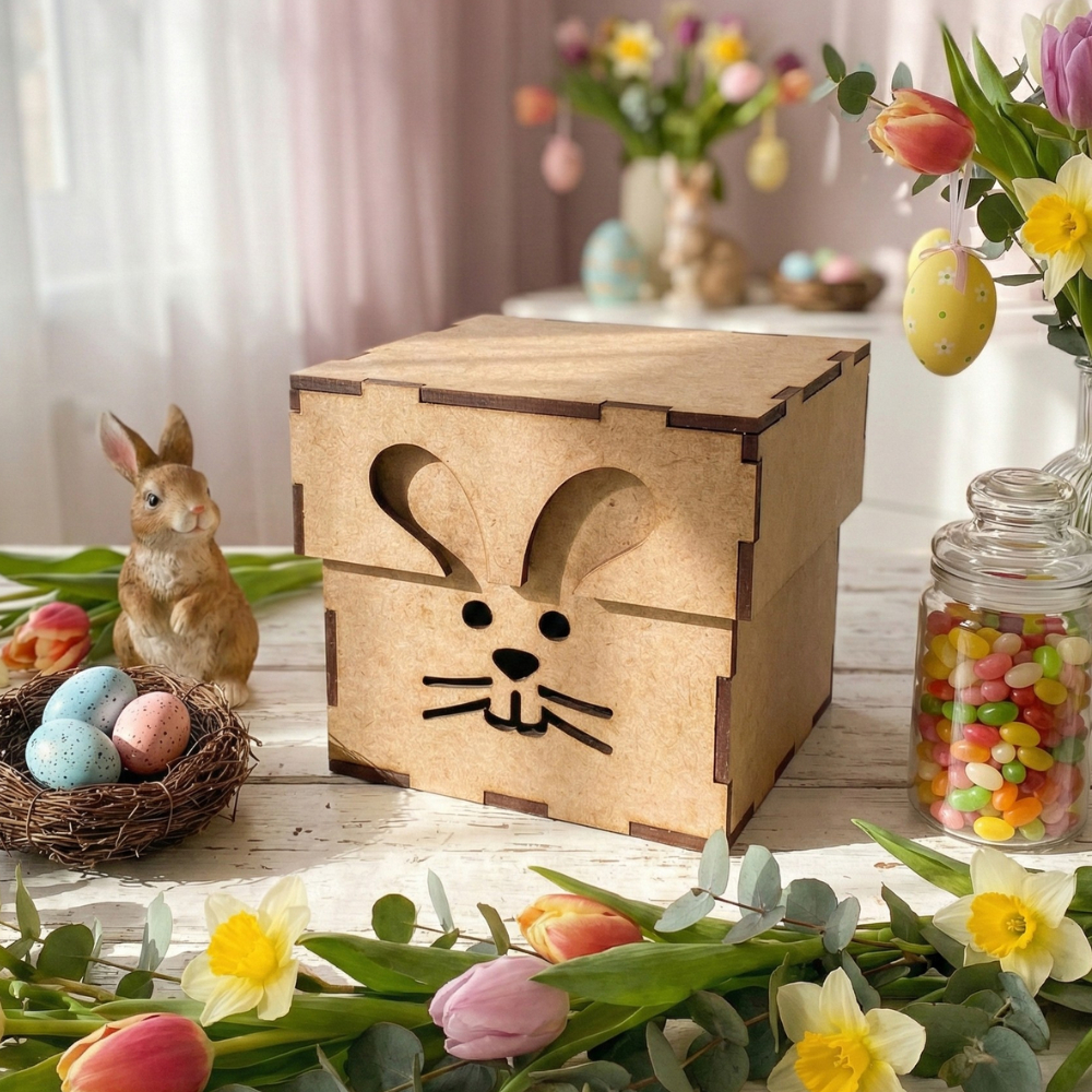 Caixa Feliz Pascoa Coelho em MDF 10x10x7cm Sapato Kit