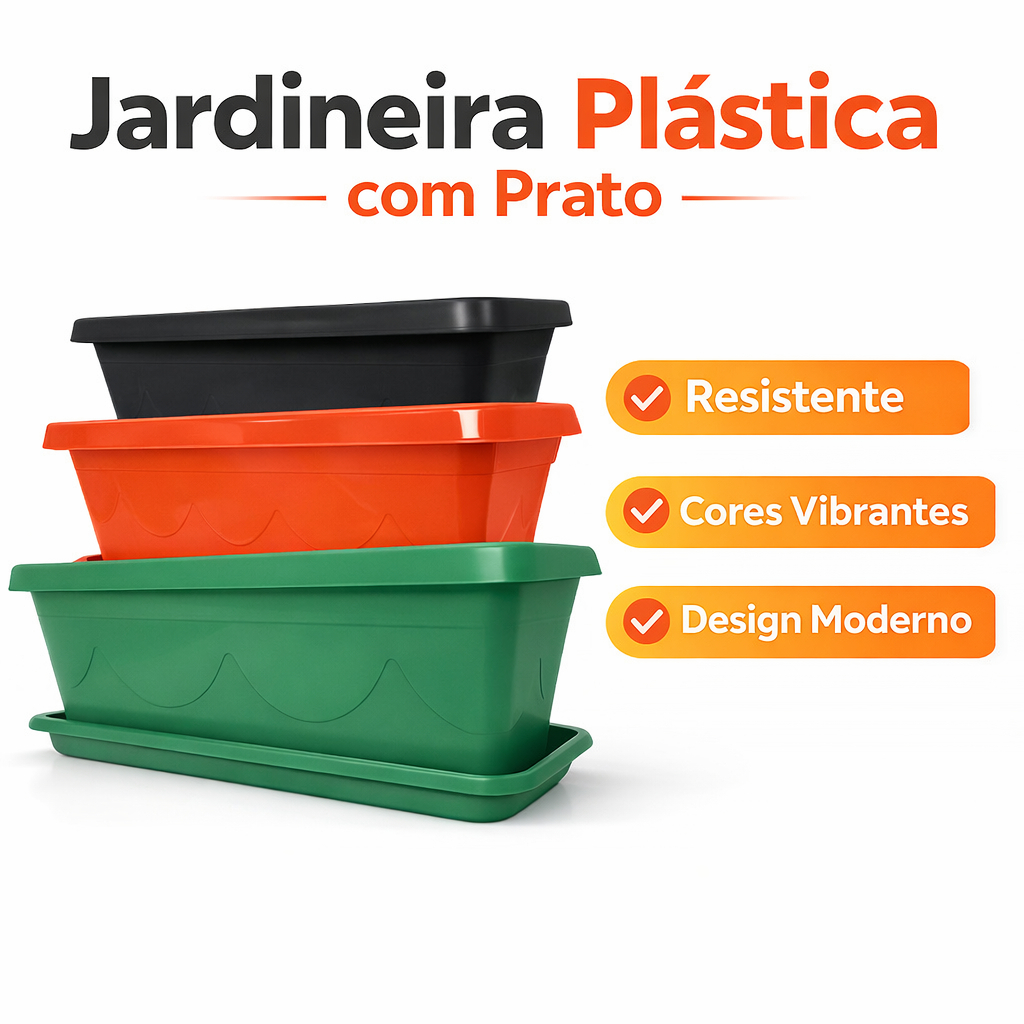 Kit 3 Vaso + Prato Jardineira Floreira retangular 60cm Plástico PP 3 opções de cores