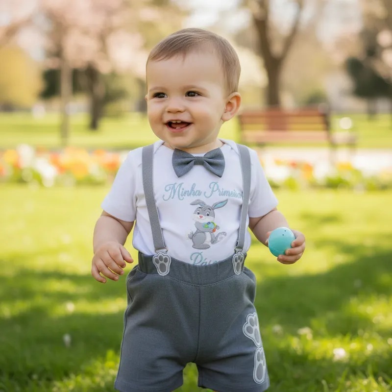 Conjunto Infantil Roupa De Bebê Menino Minha Primeira Páscoa Coelhinho Festa Fantasia Mesversário Temático