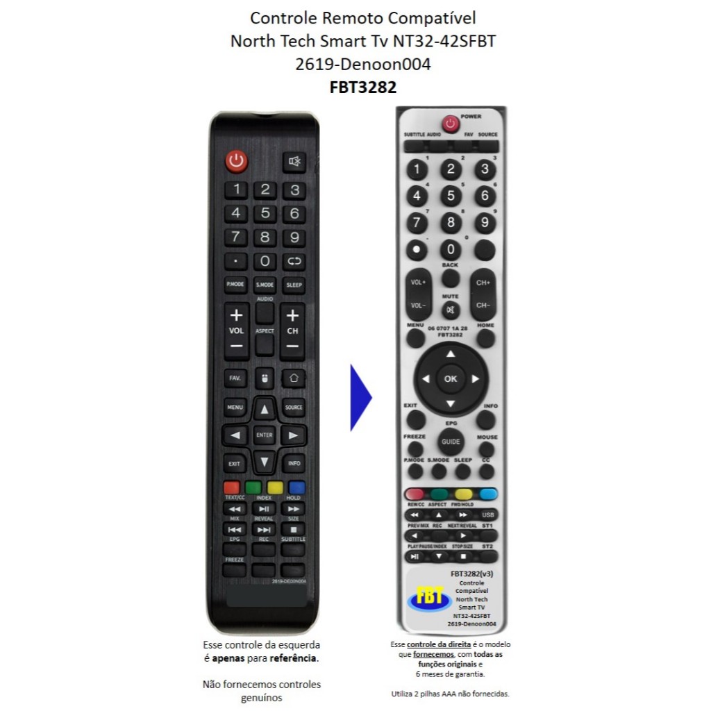 Controle Remoto Compatível North Tech Smart Tv NT32-42SFBT 2619-Denoon004 FBT3282