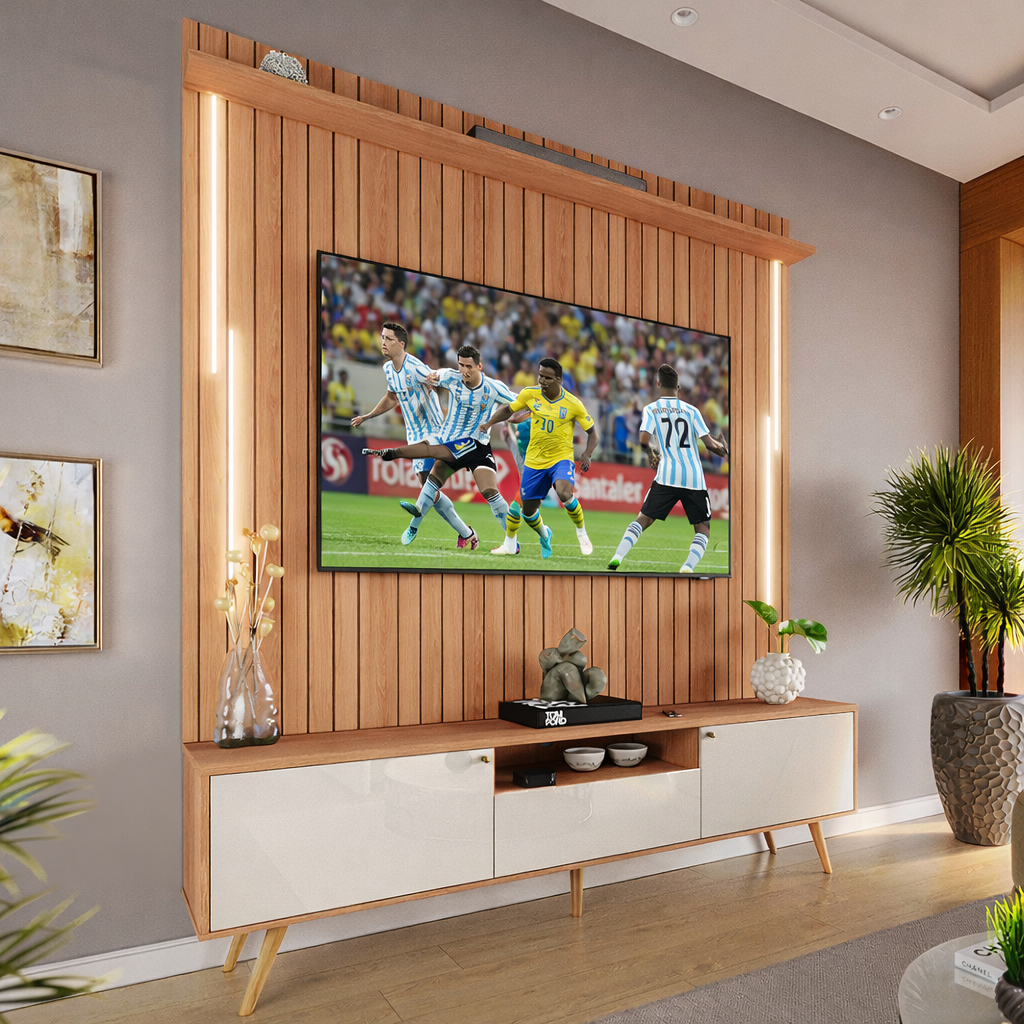 Imagem Rack Painel Televisão Até 70 Polegadas Efeito Ripado LED 1,83m Jequitibá Off White Sevilla Movelove