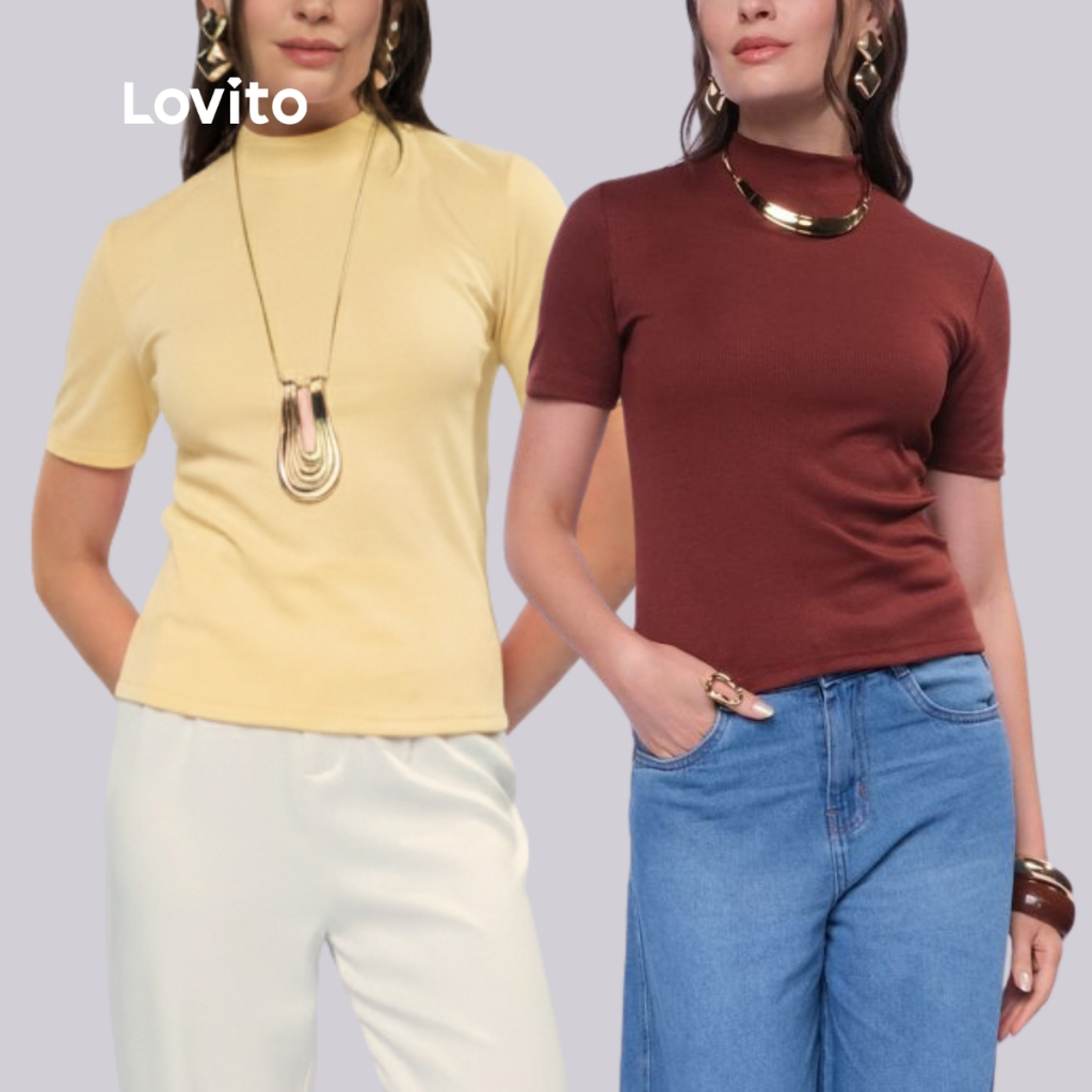 Lovito Kit 2 Blusas Gola Alta Manga Curta Moda Basica Feminina BRTEB1312BRL1342 em Oferta na Shopee
