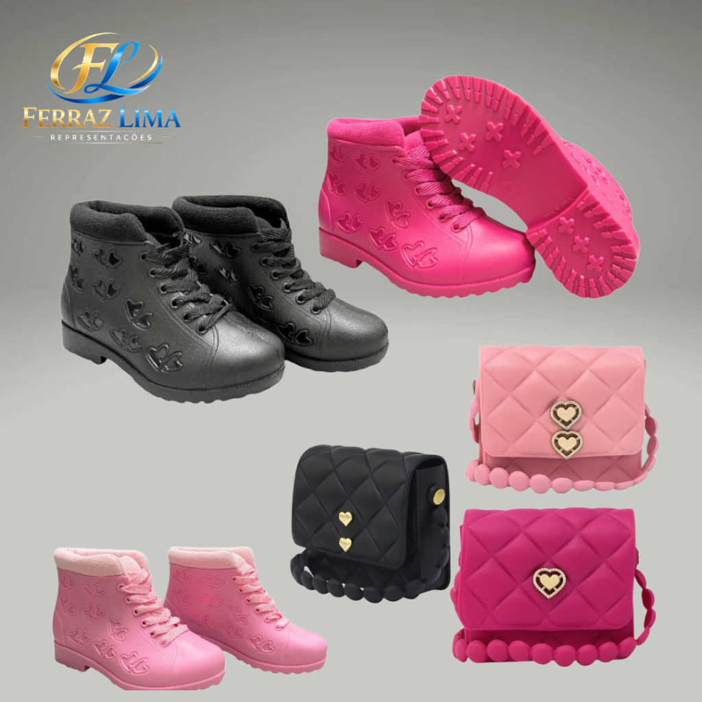 Conjunto Infantil Bota + Bolsinha Coração Feminino | Material Confortável E Impermeável FERRAZ