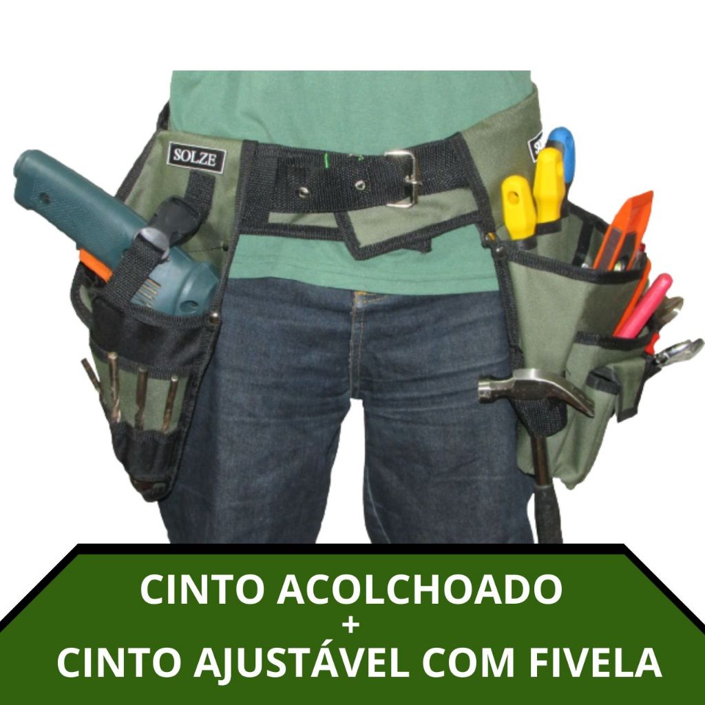 Cinto Duplo Solze Verde Militar para ferramentas. Bolsa Multiuso + Coldre para parafusadeira + cinto acolchoado e fivela em Oferta na Shopee