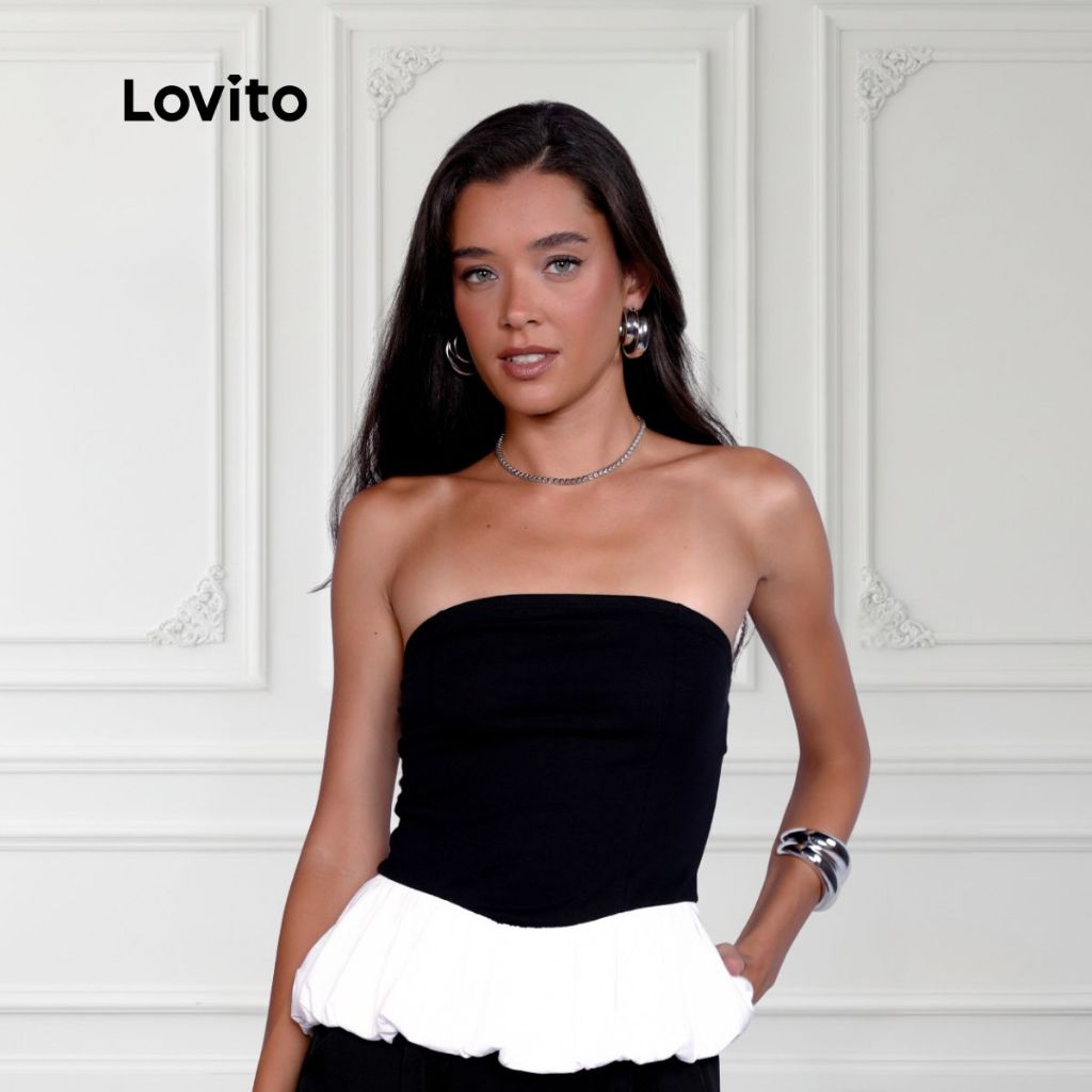 Lovito Top Sem Alcas Bicolor Branco e Preto Balone Festa Chic Moda Feminina BLB1286BRL1316 em Oferta na Shopee