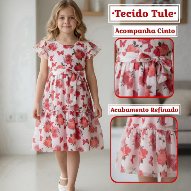Vestido Infantil Menina Floral Manga Godê em Tule Festa, Aniversário, Passeio,  7 Anos a Juvenil