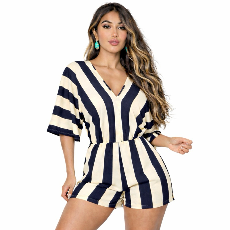 Macaquinho Gola V  Envio Rápido Listra Grossa moda feminina despojado