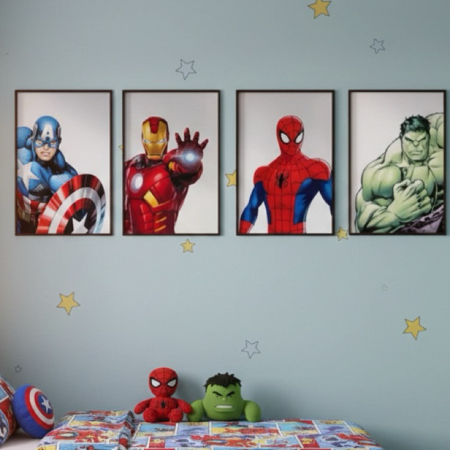 Quadros Heróis da MARVEL Infantil Hulk,Araha,Iro Men,Capitao America (4peças)Feito em Mdf Para Sala,Quarto