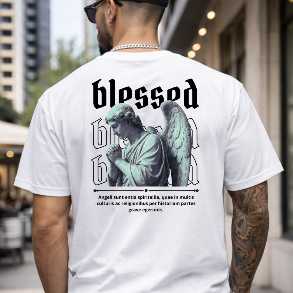 Camiseta Preta Branca Cáqui Masculina Streetwear Camisa Algodão Blessed Slim Anjo