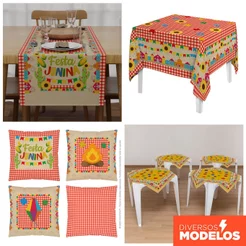Decoração Para Festa Junina: Toalha de Mesa e Capa de Almofada Arraiá Xadrez Sublimada Em Tecido